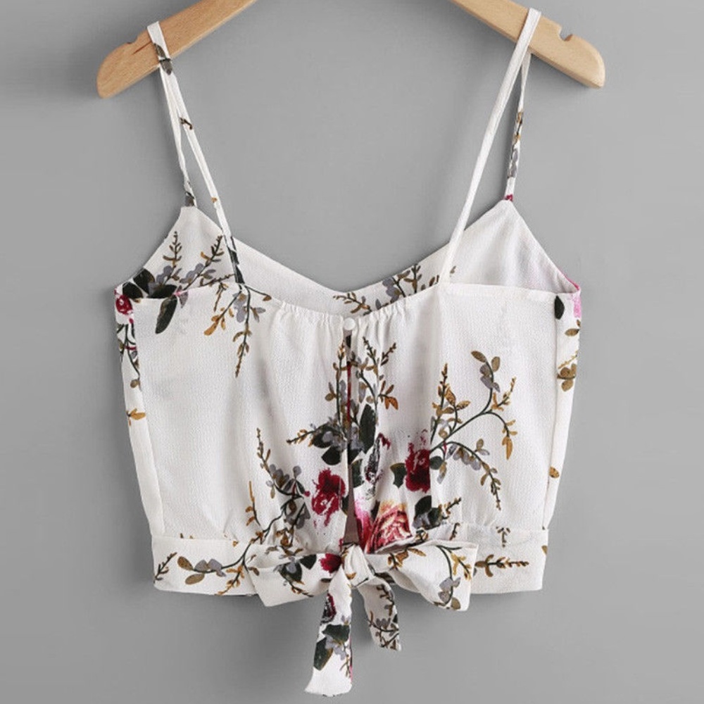 White & Pink Floral Tie Waist Sleeveless Crop Top - Picture 2 of 8